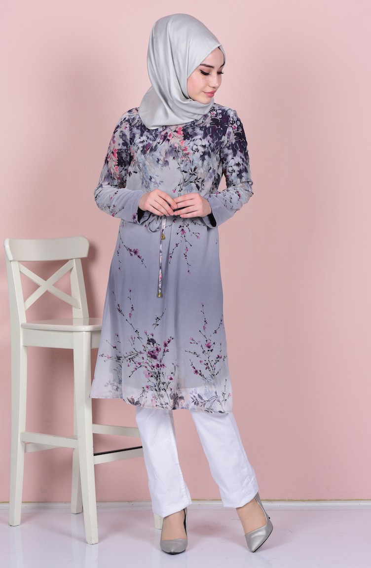 Desenli Şifon Tunik 5259-07 Mor