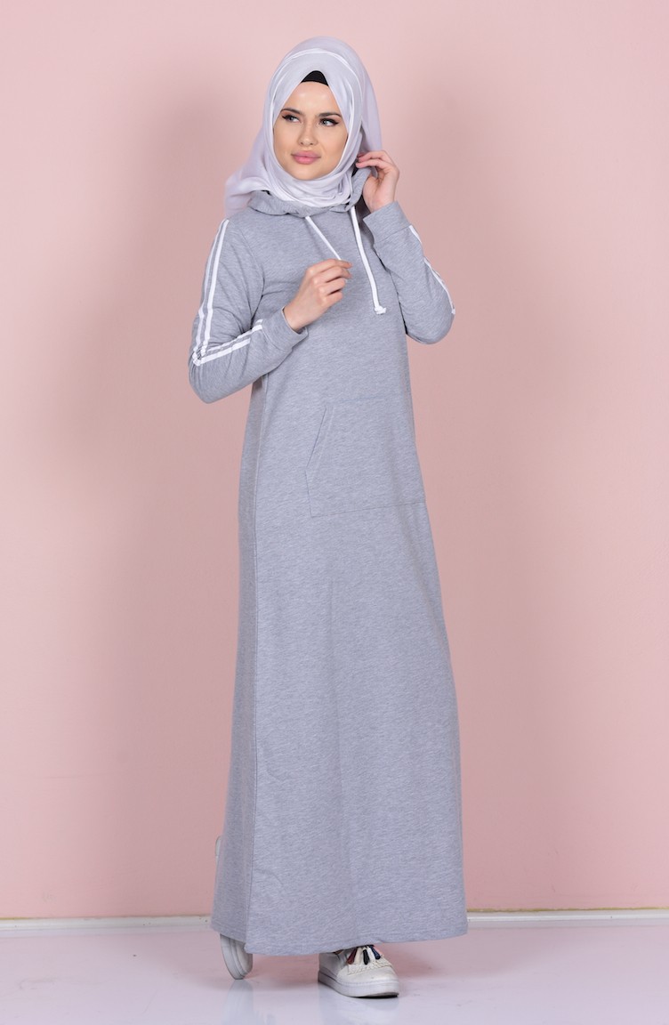 Kapüşonlu Elbise 1386-05 Gri