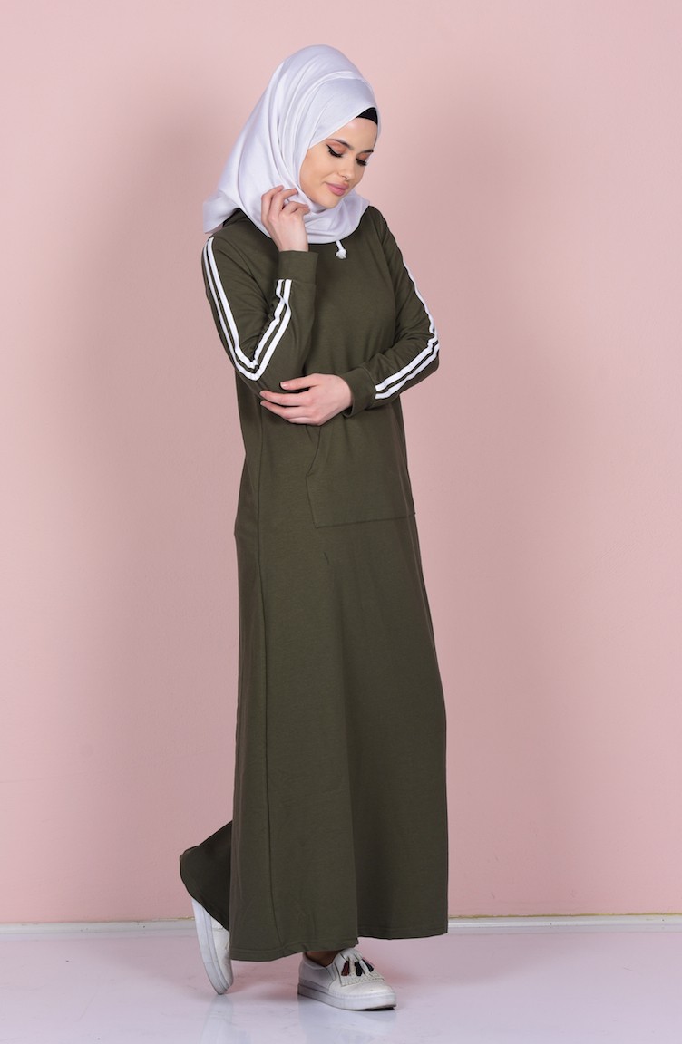 Kapüşonlu Elbise 1386-03 Haki Yeşil