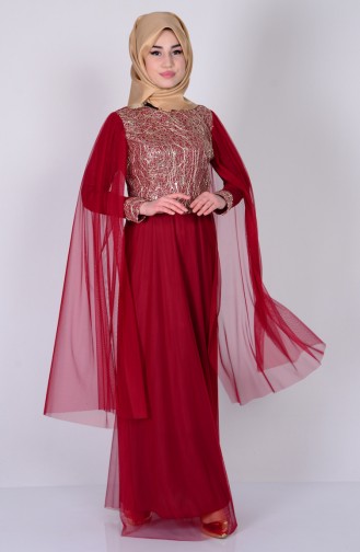 Claret Red Hijab Evening Dress 3004-08