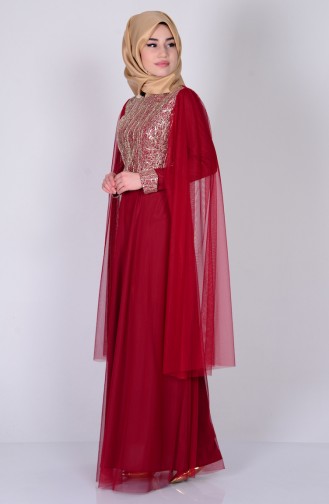 Claret Red Hijab Evening Dress 3004-08