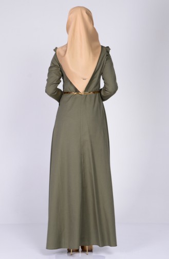Omuzu Fırfırlı Kemerli Elbise 2255-04 Haki Yeşil