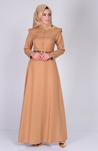 Omuzu Fırfırlı Kemerli Elbise 2255-10 Hardal