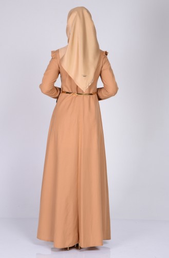 Omuzu Fırfırlı Kemerli Elbise 2255-10 Hardal