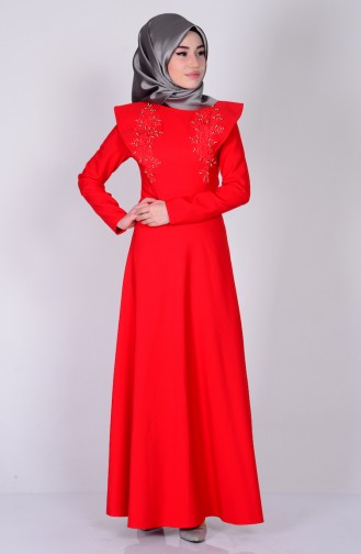 Dantel Detaylı Elbise 2909-03 Kırmızı