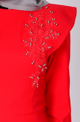 Dantel Detaylı Elbise 2909-03 Kırmızı