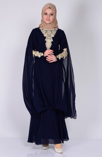 Navy Blue Hijab Evening Dress 2845-01