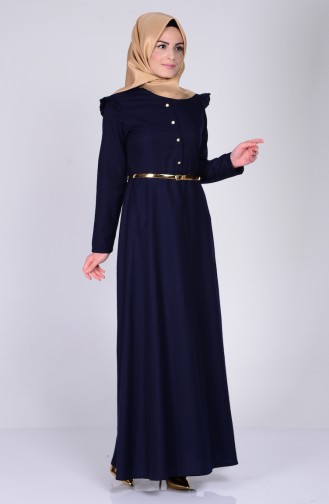 Omuzu Fırfırlı Kemerli Elbise 2255-07 Lacivert