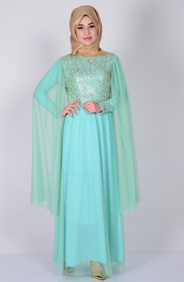 Mint Green Hijab Evening Dress 300409 Sefamerve