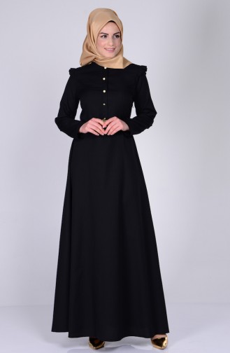 Omuzu Fırfırlı Kemerli Elbise 2255-11 Siyah