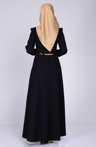 Omuzu Fırfırlı Kemerli Elbise 2255-11 Siyah