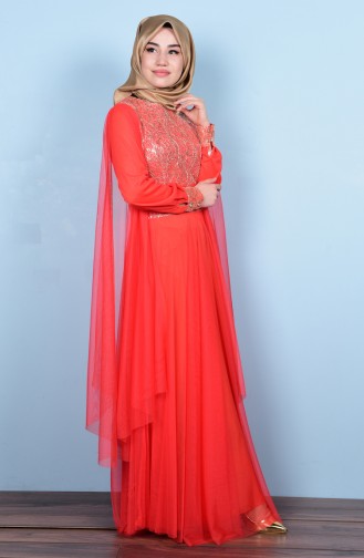 Coral Hijab Evening Dress 3036-04