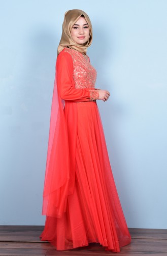 Coral Hijab Evening Dress 3036-04