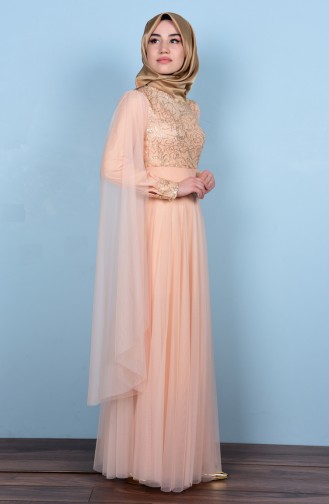 Salmon Hijab Evening Dress 3036-02