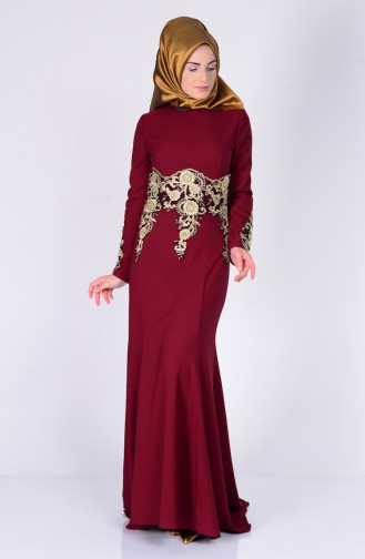 Lace Detailed Asymmetric Evening Dress 3005-01 Burgundy 3005-01