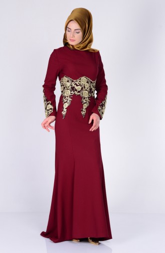 Lace Detailed Asymmetric Evening Dress 3005-01 Burgundy 3005-01