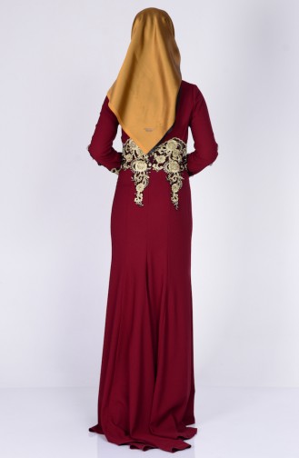 Lace Detailed Asymmetric Evening Dress 3005-01 Burgundy 3005-01