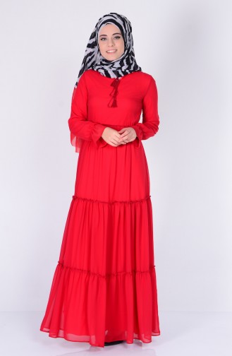 Büzgü Detaylı Şifon Elbise 4146-11 Kırmızı