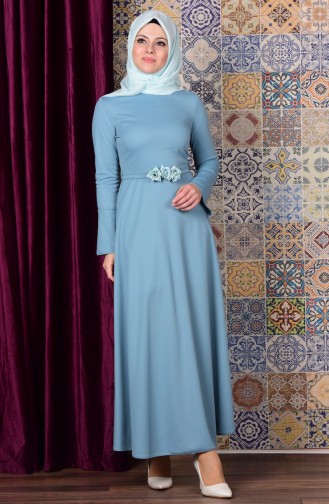 İspanyol Kol Kemerli Elbise 6083-03 Açık Mavi