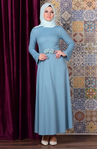 İspanyol Kol Kemerli Elbise 6083-03 Açık Mavi