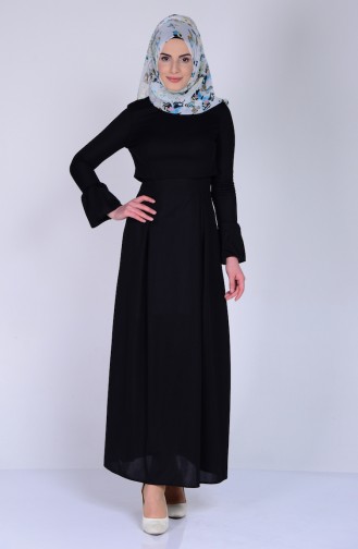Pileli Elbise 6072-04 Siyah