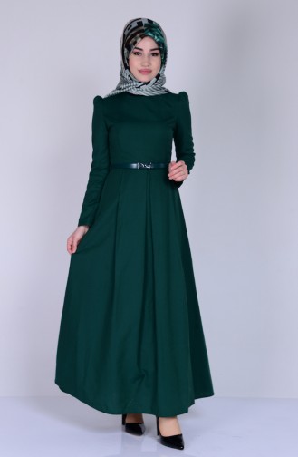 Kemerli Elbise 2781-13 Zümrüt Yeşil