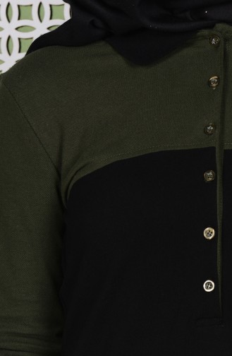 Polo Yaka Garnili Elbise 2802-07 Siyah Haki Yeşil