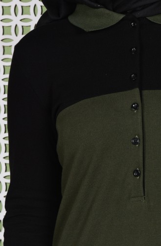 Polo Yaka Garnili Elbise 2802-08 Haki Yeşil Siyah