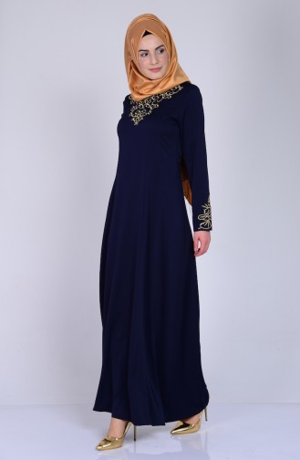 Nakışlı Elbise 2054-03 Lacivert