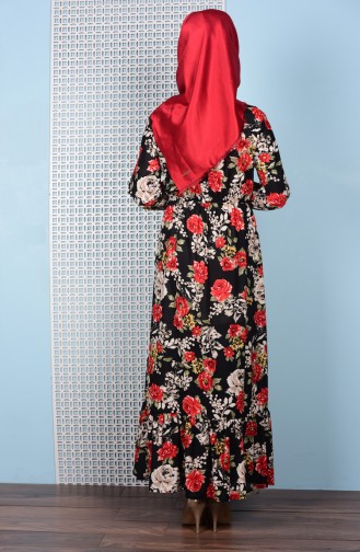 Fırfırlı Elbise 3007-02 Siyah Kırmızı