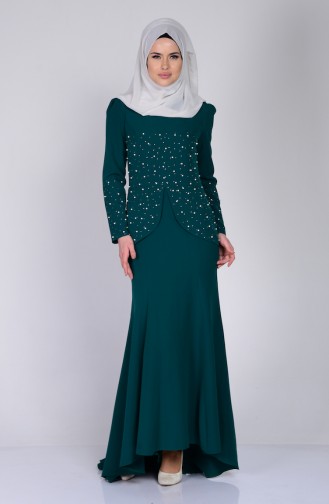 İnci Detaylı Elbise 3009-03 Zümrüt Yeşil