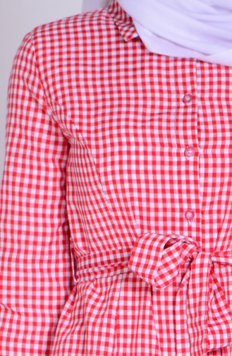 Ekose Uzun Gömlek Elbise 2792-04 Kırmızı Beyaz