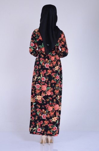 Çiçek Desenli Düğmeli Elbise 8063-02 Siyah Nar Çiçeği