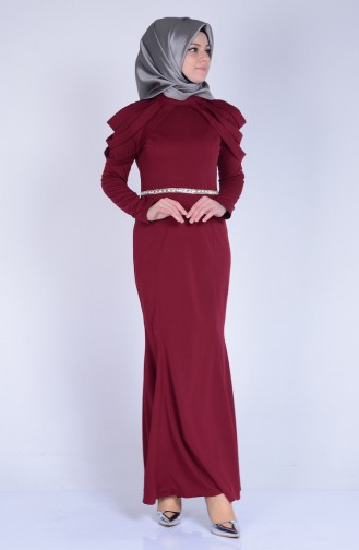 Claret Red Hijab Evening Dress 3060-07