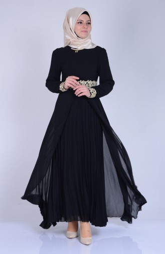 Dantel Detaylı Piliseli Elbise 2837-07 Siyah