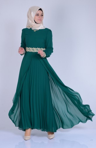 Dantel Detaylı Piliseli Elbise 2837-08 Yeşil