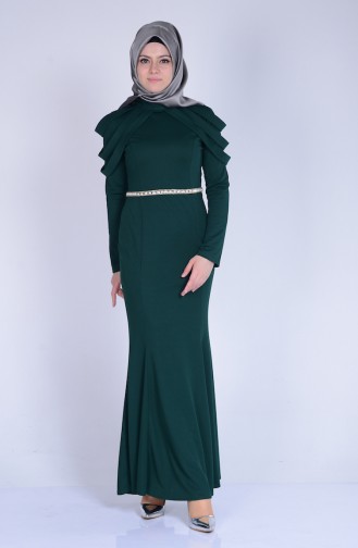 Omuz Detaylı Abiye Elbise 3060-01 Yeşil