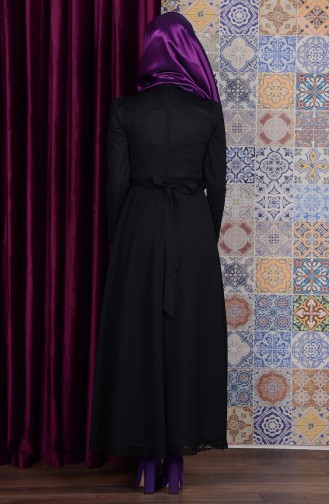 Dantel Detaylı Kemerli Elbise 6082-04 Siyah