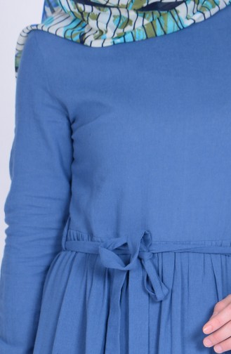 Eteği Nervürlü Şile Bezi Elbise 2793-09 İndigo