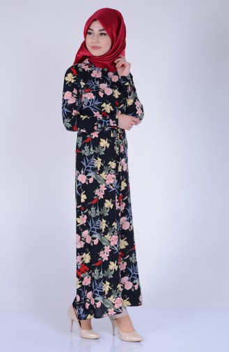 Çiçek Desenli Düğmeli Elbise 8063-06 Siyah Pudra
