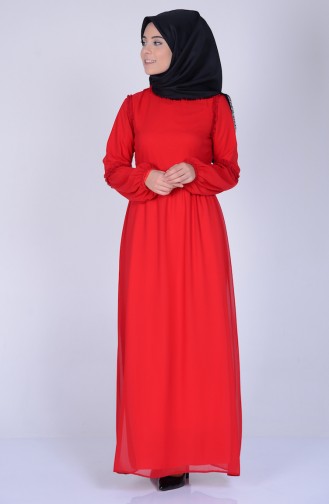 Şifon Büzgülü Elbise 4153-05 Kırmızı
