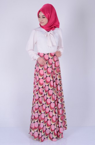 Kravat Yaka Desenli Elbise 80006-02 Fuşya