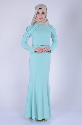 Mint Green Hijab Evening Dress 3060-04