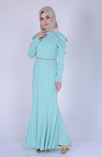 Mint Green Hijab Evening Dress 3060-04