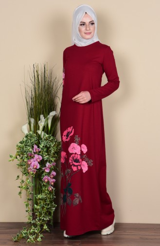 Baskılı İki İplik Elbise 2780-04 Bordo