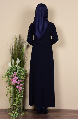 Abaya Garnie a Fermeture 1508-02 Bleu Marine Fushia 1508-02