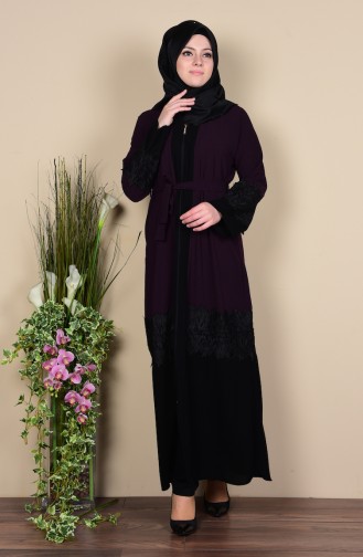 Abaya Détail Dentelle 7724-01 Pourpre 7724-01