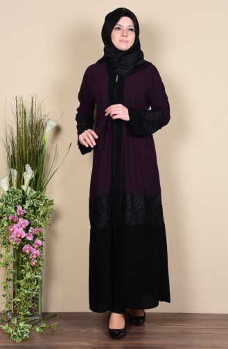 Abaya Détail Dentelle 7724-01 Pourpre 7724-01