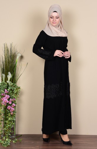 Abaya Détail Dentelle  7724-02 Noir 7724-02