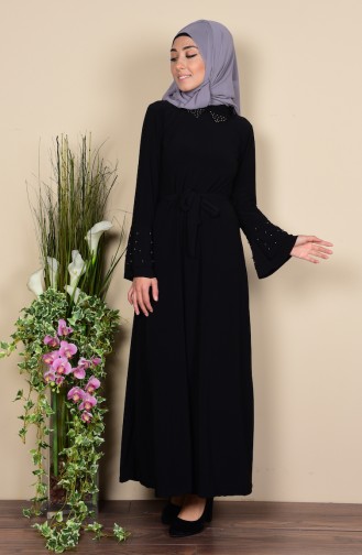 İnci Detaylı Kuşaklı Elbise 5080-08 Siyah